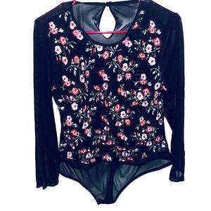 Just One Black Embroidered Plus Size Long Sleeve Bodysuit sz 2X